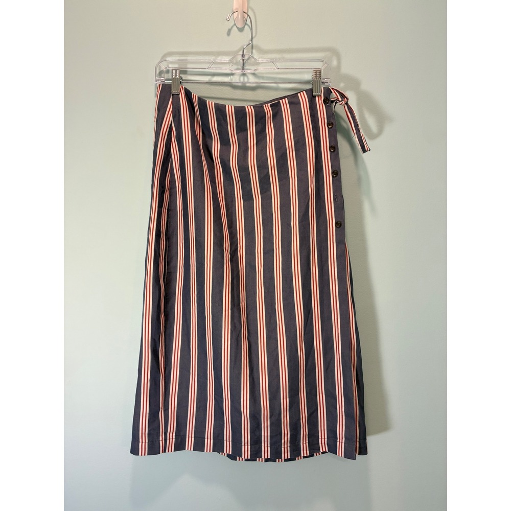 Marine Layer Blue Red White Striped Tencel Wrap Midi Skirt Side Button Medium